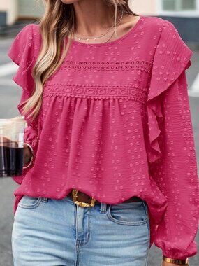 Women's Spring Ruffle Swiss Dot Blouse, Bright Rose Pink XL